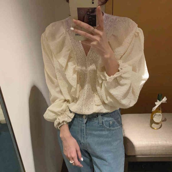 

two piece dress 2021 solid office lady shirts v-neck vintage ruffle retro sweet chic loose all match streetwear blouses oixm, White