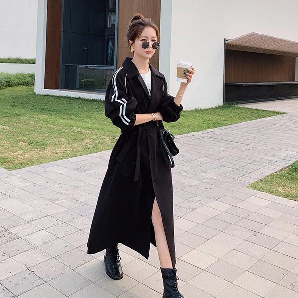 

women's trench coats black windbreaker jacket female spring autumn long loose temperament lapel ladies cloak sports leisure coa, Tan;black