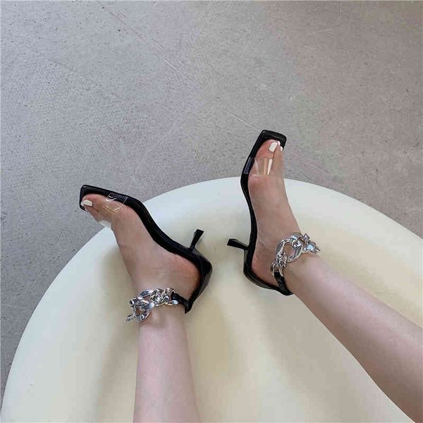 

slippers summer women sandals open toe ankle strap metal chain thin high heels pumps fashion slides party wedding shoes woman 35-3, Black