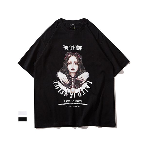 

high street oversized half couple large sleeve little girl head portrait men's and women's round neck short t-shirt, White;black
