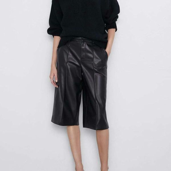 

women's shorts vintage biker pu leather casual women fashion high waisted long short elegant pockets black, White;black