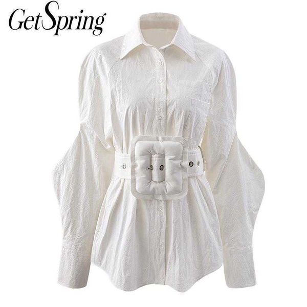 

getspring women blouse cotton white shirt long sleeve puff ladies with large belt vintage 210601