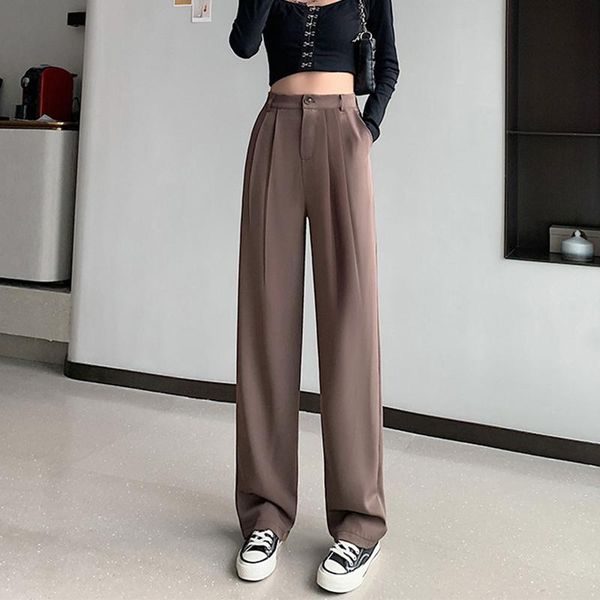 

women's pants & capris normov women elastic high waist loose suit straight fashion slimming casual wide leg trousers ladies office, Black;white