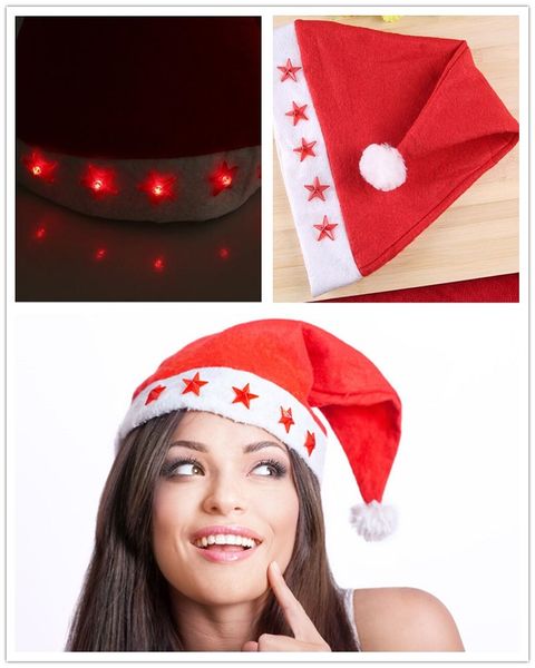 120 Stück Beleuchtung, elektronische LED, roter Hut, blinkender Fünfzack-Stern, Vliesstoff, Weihnachtsmann, Weihnachtsmütze, Partyzubehör, ZA1161