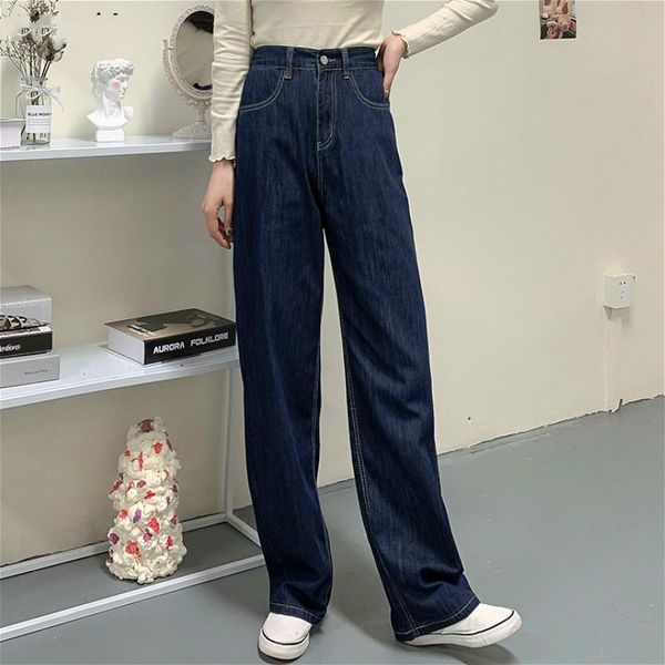 

women's jeans women korean style leisure simple all-match comfortable high waist straight zipper full-length students streetwear solid, Blue