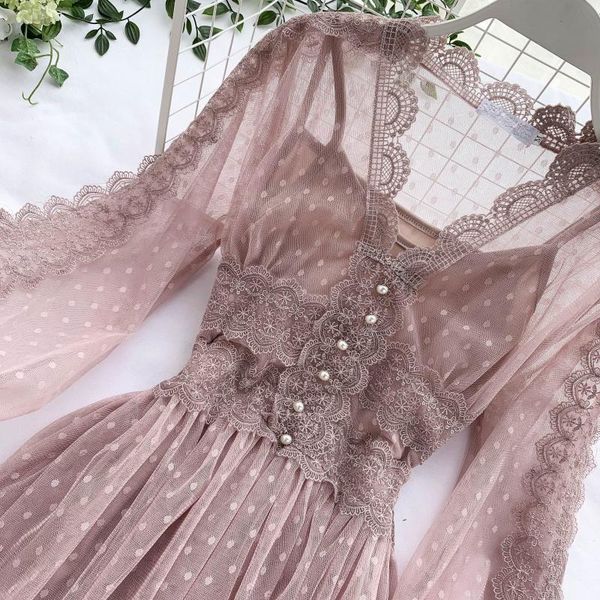 

casual dresses women mesh lace crochet v-neck elegant prom puff sleeves dress summer dot party slim swing long, Black;gray