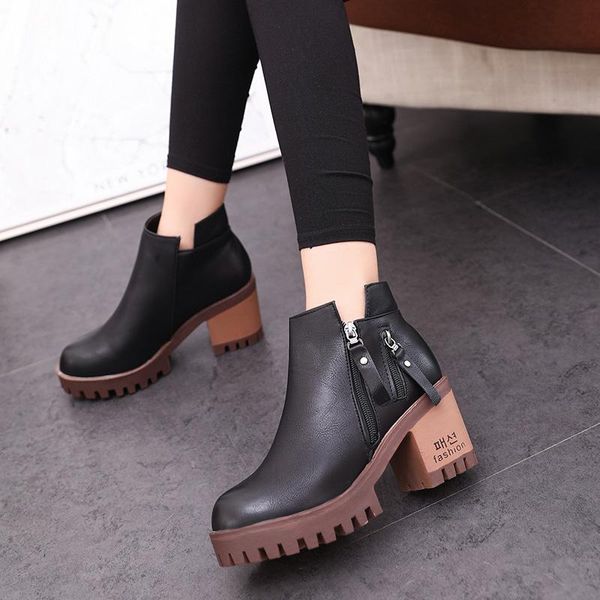 

boots women's [single line/plus cashmere] thick-soled british style high-heeled thick heel women shoes winter flat botas, Black