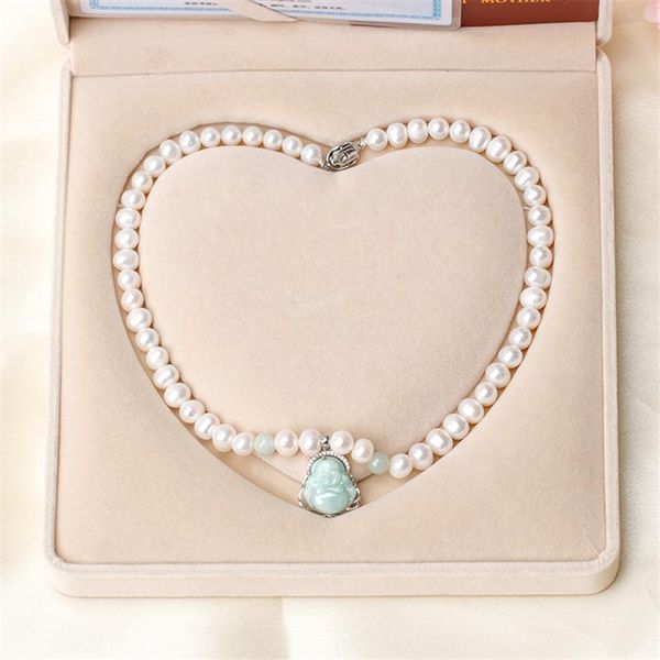 

chokers habitoo women's beauty 925 silver jade buddha pendant 7-8mm white freshwater pearl necklace 18inches jewelry lucky gifts, Golden;silver