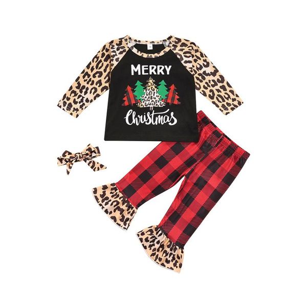 

clothing sets kids toddler baby girl christmas outfit santa print long sleeve pullover ruffled legging pants plaid fall clothes set, White