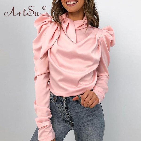 

women's blouses & shirts 2021 fashion women satin tie bow neck puff sleeve elegant blouse work office lady casual female blusas, White