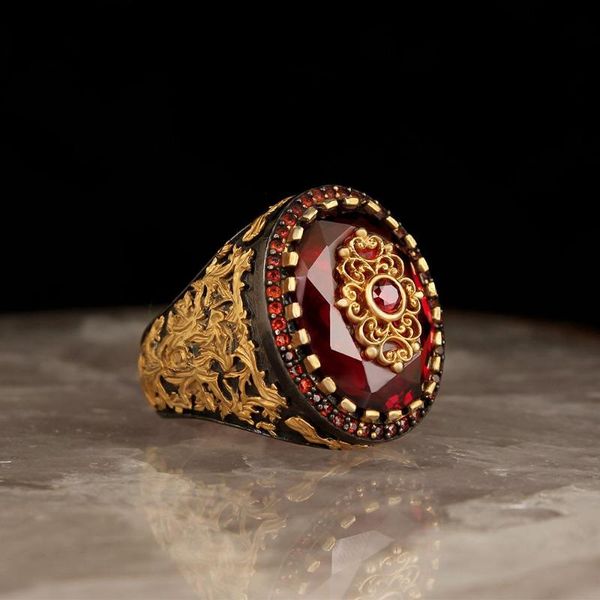 

cluster rings red zircon stone gold color elaborated rhodium coating handmade trendy men's silver ring, Golden;silver