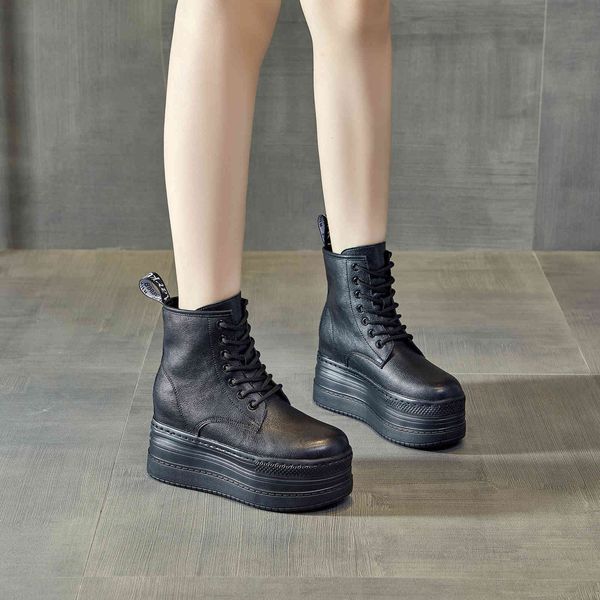 

2021 leather increased by 9cm leisure fashion trendy color matching easy to match muffin and women's martin boots, Black