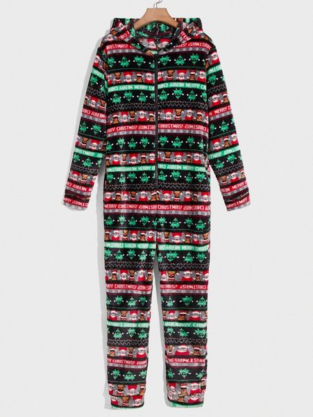 

men christmas print hooded teddy sleep jumpsuit e3jq#, Black;brown