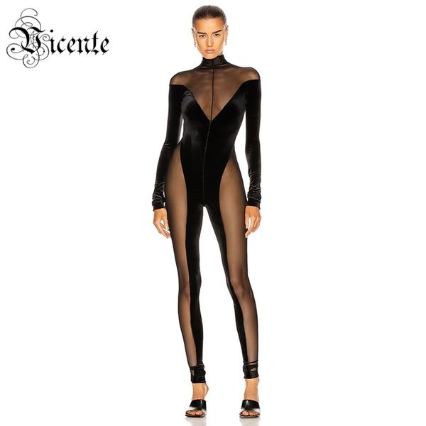 

women jumpsuit sheer voile splicing design long sleeves stand collar celebrity party club black velvet romper 210520, Black;white
