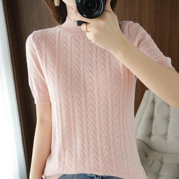 

women's t-shirt lafarvei cotton women t shirt summer for 2021 turtleneck short sleeves tees hollow out solid color caual fashion overs, White