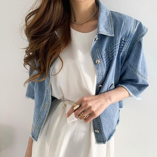 

women's jackets women 2021 summer korean chic ladies vintage lapel pleated single-breasted design loose fringed denim jacket, Black;brown