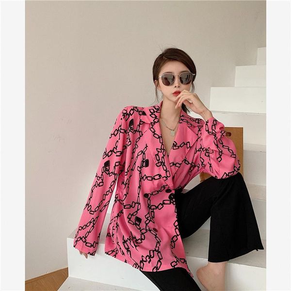 

women's suits & blazers korean lady like woman style printed loose suit shirt pink long blazer feminino women coat vintage streetwear, White;black