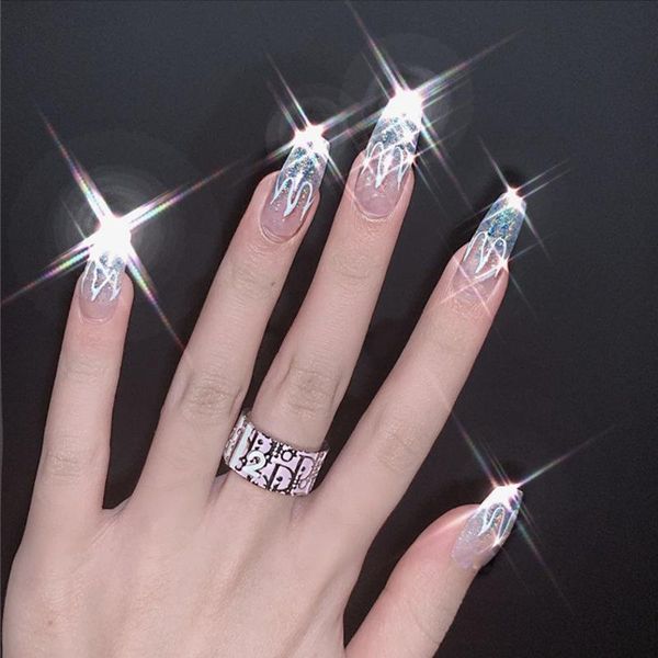 

false nails 24pcs/set full cover nail tips shining fashion medium length silvery fake with glue art europen manicure, Red;gold