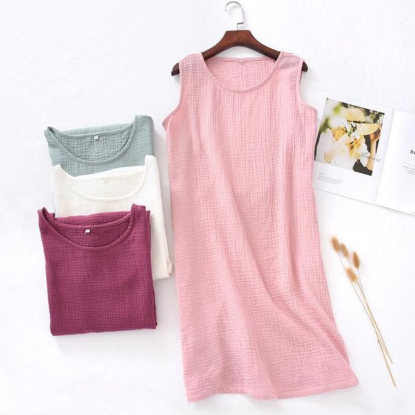 

casual dresses 100% cotton crepe summer dress sleeveless solid pink sundress loose sleepwear plus size 121966wla, Black;gray