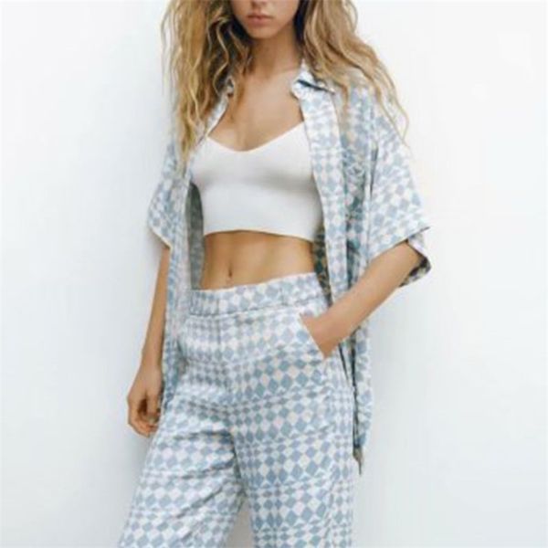 

women summer loose plaid shirts blouses za short sleeve turn-down collar female fashion casual street blusas 210513, White