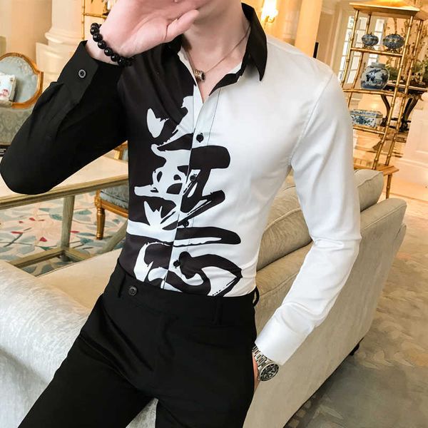 Camicie eleganti da uomo patchwork manica lunga casual slim fit camicia sociale stile cinese streetwear night club party top camicetta homme 210527