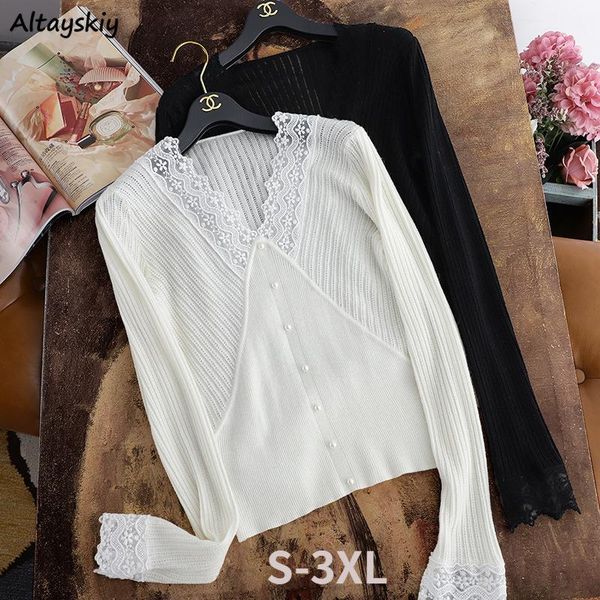 

women's t-shirt long sleeve t-shirts women solid lace v-neck spring elegant retro female slim large size s-3xl tender korean style chic, White