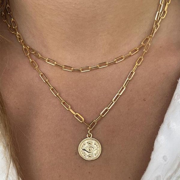 

Paper Clip Double Layer Devil's Eye Necklace | Magic Layered Chain European And American Fashion Chains, Silver