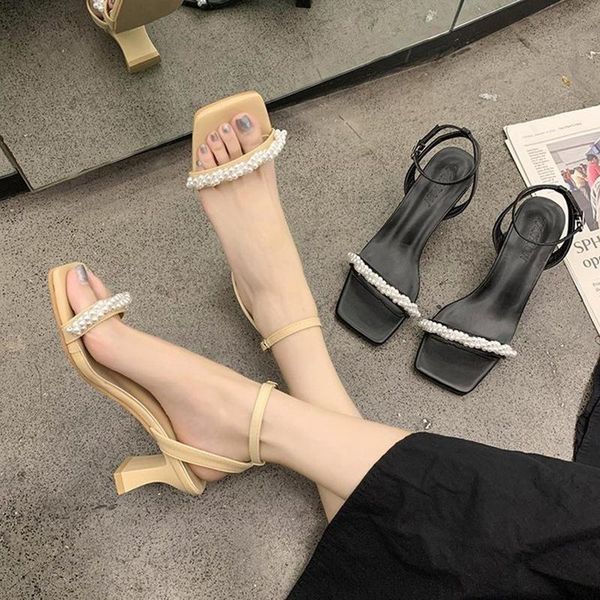 

sandals clear heels med high heeled woman 2021 suit female beige ladies shoes summer buckle strap open toe medium high-heeled bl, Black