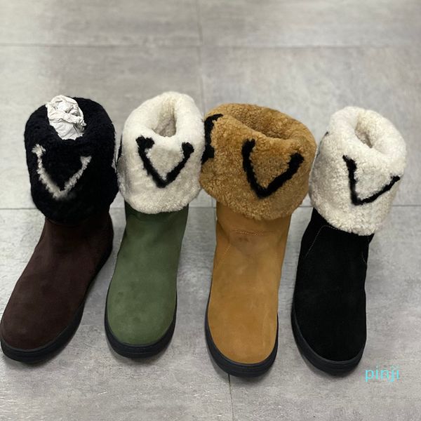 Snowdrop feminino Botas de tornozelo plana preto e branco camurça Calfskin moda flor plataforma de shearling botas inverno snowboots martinboots