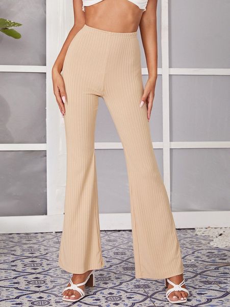 

elastic waist flare leg rib-knit pants o5cb#, Black;white