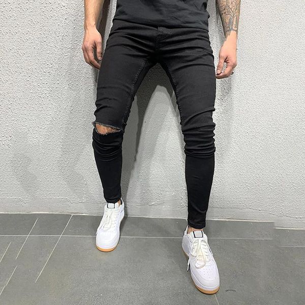 

men's pants casual ripped jeans fashion denim cotton wash hip hop work trousers vintage pantalones de mezclilla, Black