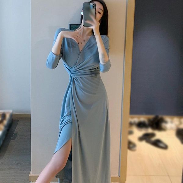 

casual dresses feminine v-neck holiday dress slim waist split long skirt solid color women's plus size sping and autumn fashion, Black;gray