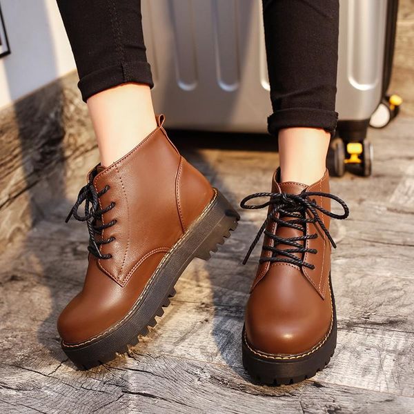 

boots 2021 women's shoes motorcycle women leather spring autumn round toe lace-up platform ladies ankle botas mujer, Black