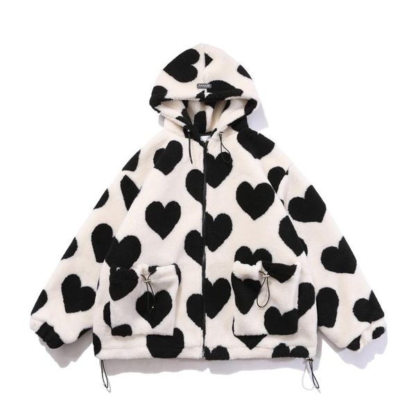

lambswool coat jacket men women cute heart-shaped printed winter warm drawstring pockets zipper hooded streetwear couple parka men's ja, Black;brown