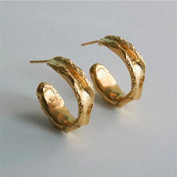

hoop & huggie ghidbk french vintage hammered golden earrings for women designer irregular temperament c shaped folds earring, Golden;silver