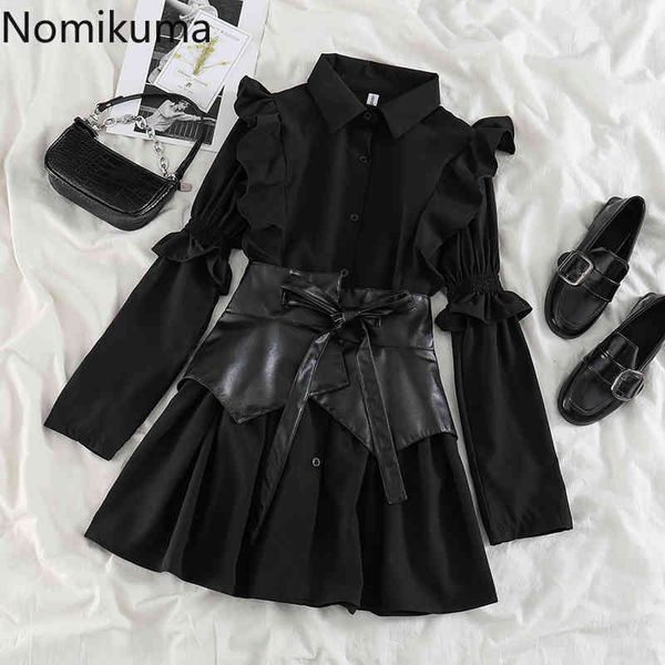 Nomikuma Ruffle Black Mulheres Blusa Vestido Único Breasted Longo Manga Surgindo Vestidos Collar Vestidos Bow Laço Cintura Slim Vestidos 6D761 210427