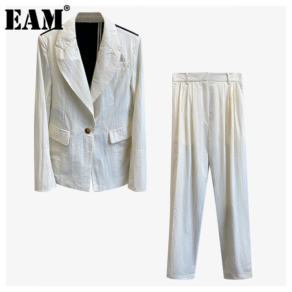 

[eam] wide leg pants big size two piece suit lapel long sleeve black loose fit women fashion spring autumn 1da538 21512, White