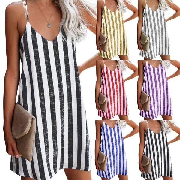 

casual dresses 6 colors s-3xl summer oversized women loose twill striped printed slip mini dress, Black;gray