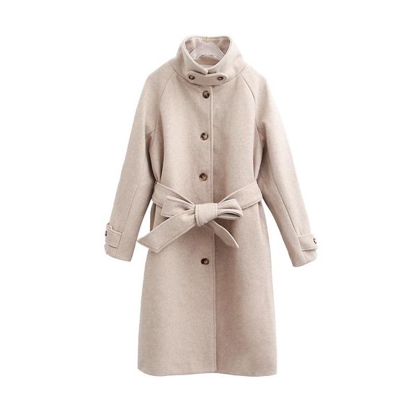 

women's wool & blends winter 2021 korean fashion solid turtleneck woolen coat tweed jacket bandage medium length female overcoat spring, Black