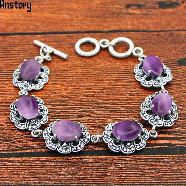 

charm bracelets natural purple stone bracelet plum flower design vintage look antique silver plated fashion jewelry tb334, Golden;silver