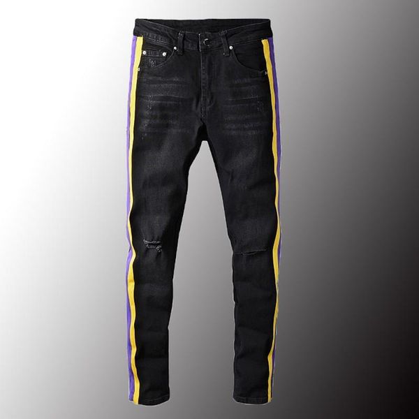 

men's jeans minglu stripe ripped stretch denim streetwear slim skinny pencil pants holes distressed trousers black size 40, Blue