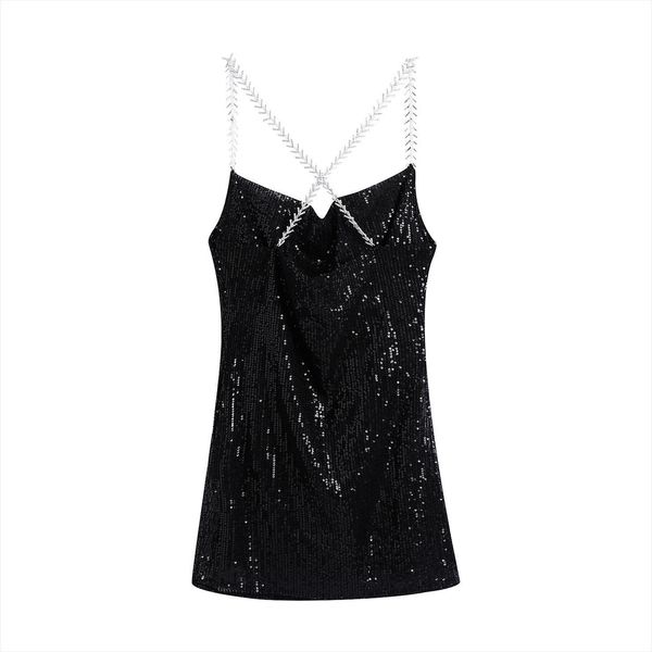 

evening party robe with womens camis rhinestone sequin mini vintage back cross metal chain lining female club dresses vestidos cortos, White