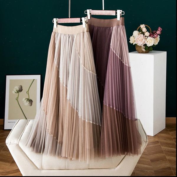 

spring mesh pleated empire womens skirt bohemia long brown rainbow, Black