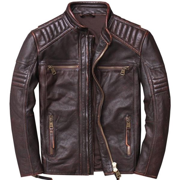 

men's leather & faux heavy cowhide jackets genuine retro motocycle biker coat for male m-5xl, Black