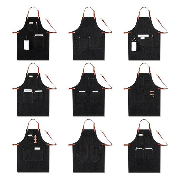 

black denim chef apron for men barbeque cooking with towel loops aprons