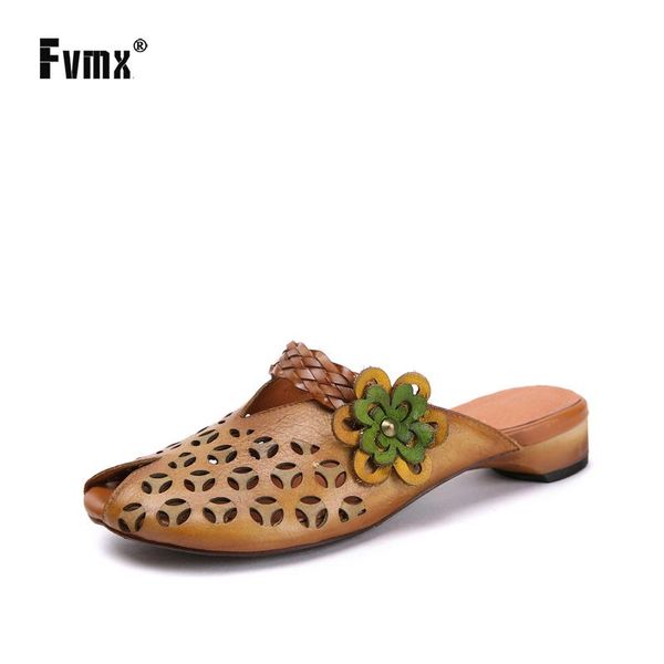

slippers fvmx 2021 fashion genuine leather summer women sandals fish mouth hollow flowers ethnic style handmade shoes, Black