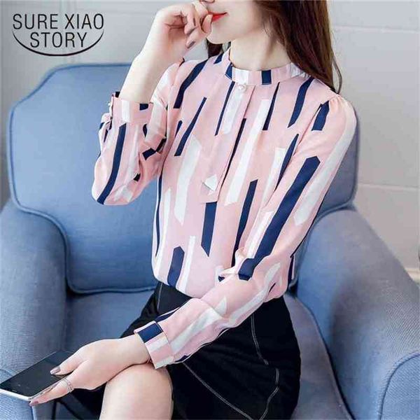 

fashion autumn women blouse striped long sleeve stand collar ol style business attire chiffon slim blusa 0925 40 210506, White