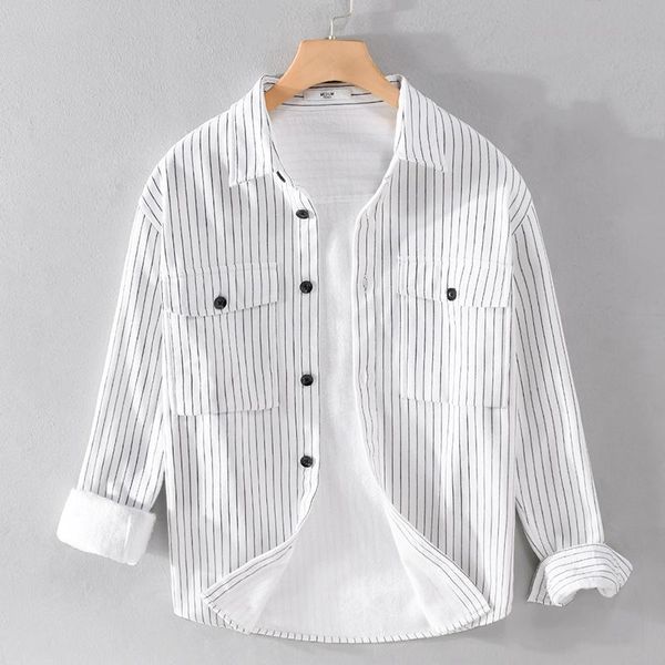 

men's casual shirts 9465 autumn winter men fleece thicken all-match classic vintage striped handsome trendy warm youth cotton outwear, White;black