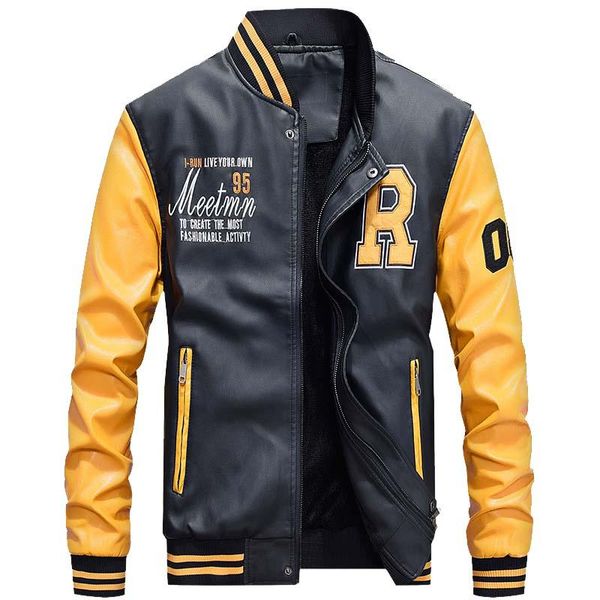 

men's jackets autumn winter fleece team jacket men military bomber college embroidery baseball pu faux leather outwear coat, Black;brown
