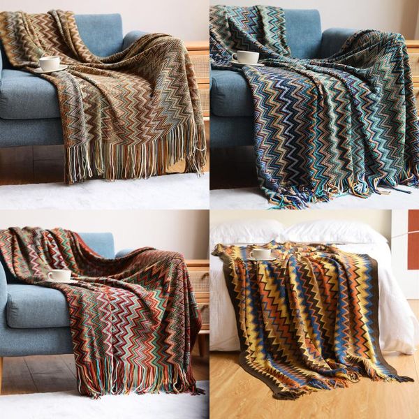 

blankets 100% acryl hand knitted blanket with tassel summer bed sofa travel breathable chic bohemiann nordic bedspread